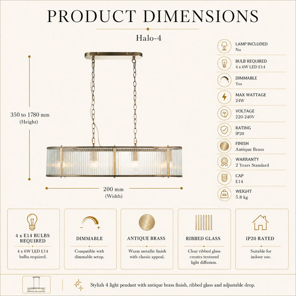 Halo 4-Light Linear Ribbed Pendant — Glass, Antique Brass