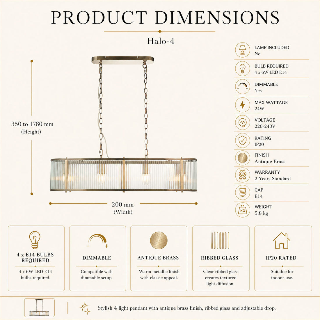 Halo 4 pendant dimensions and specs — 200mm wide, adjustable drop, 4 x E14, IP20