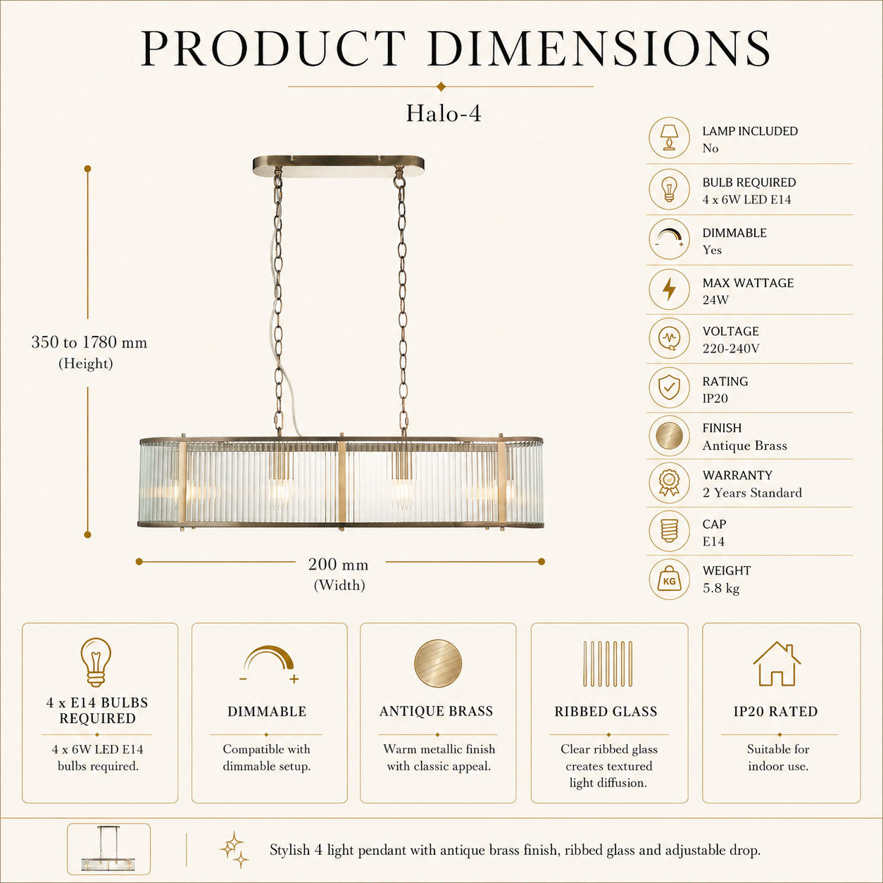 Halo 4-Light Linear Ribbed Pendant — Glass, Antique Brass