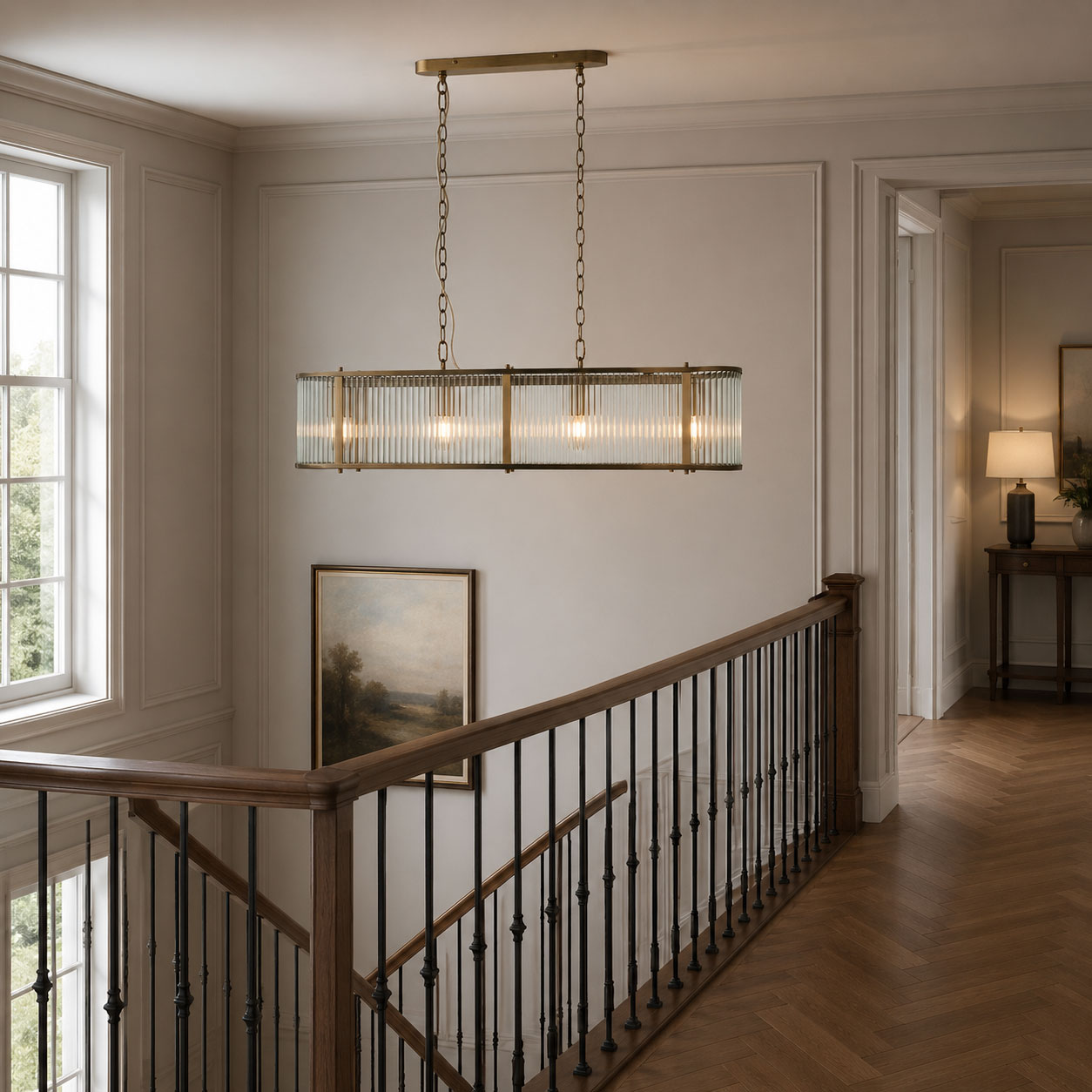 Halo 4-Light Linear Ribbed Pendant — Glass, Antique Brass