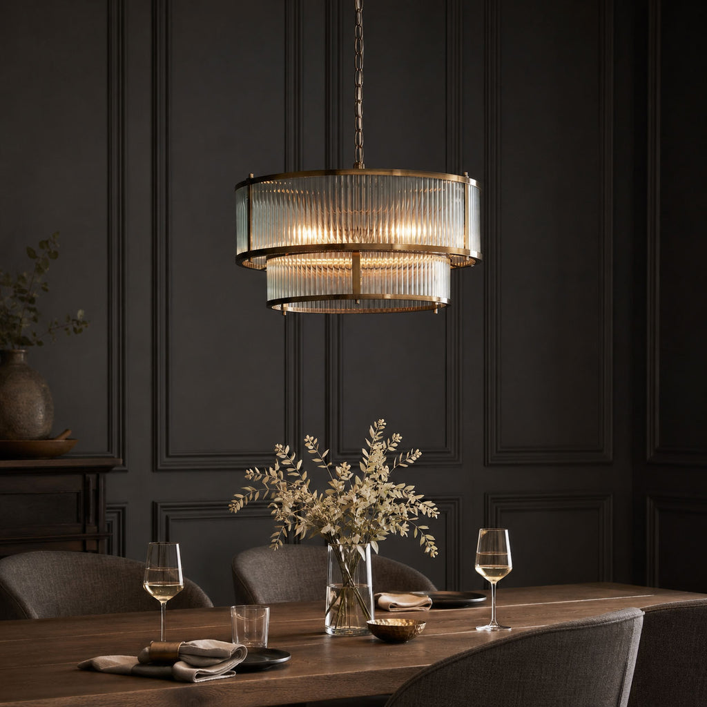 Halo 5-Light Ribbed Drum Pendant — Glass, Antique Brass