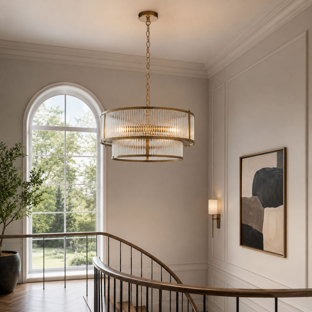 Halo 5-Light Ribbed Drum Pendant — Glass, Antique Brass