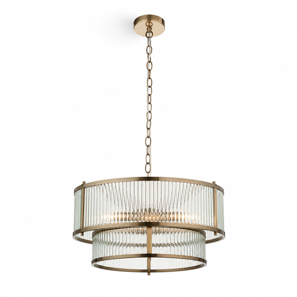 Halo 5-Light Ribbed Drum Pendant — Glass, Antique Brass