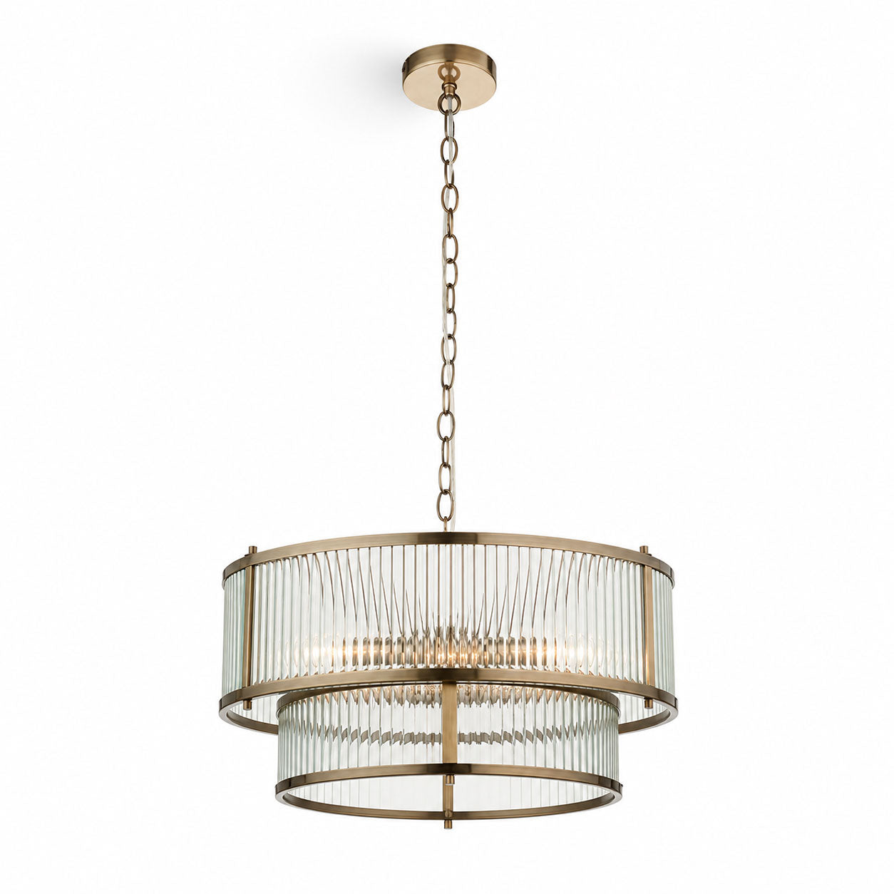 Halo 5-Light Ribbed Drum Pendant — Glass, Antique Brass