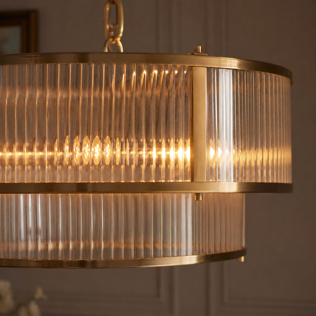 Halo 5-Light Ribbed Drum Pendant — Glass, Antique Brass