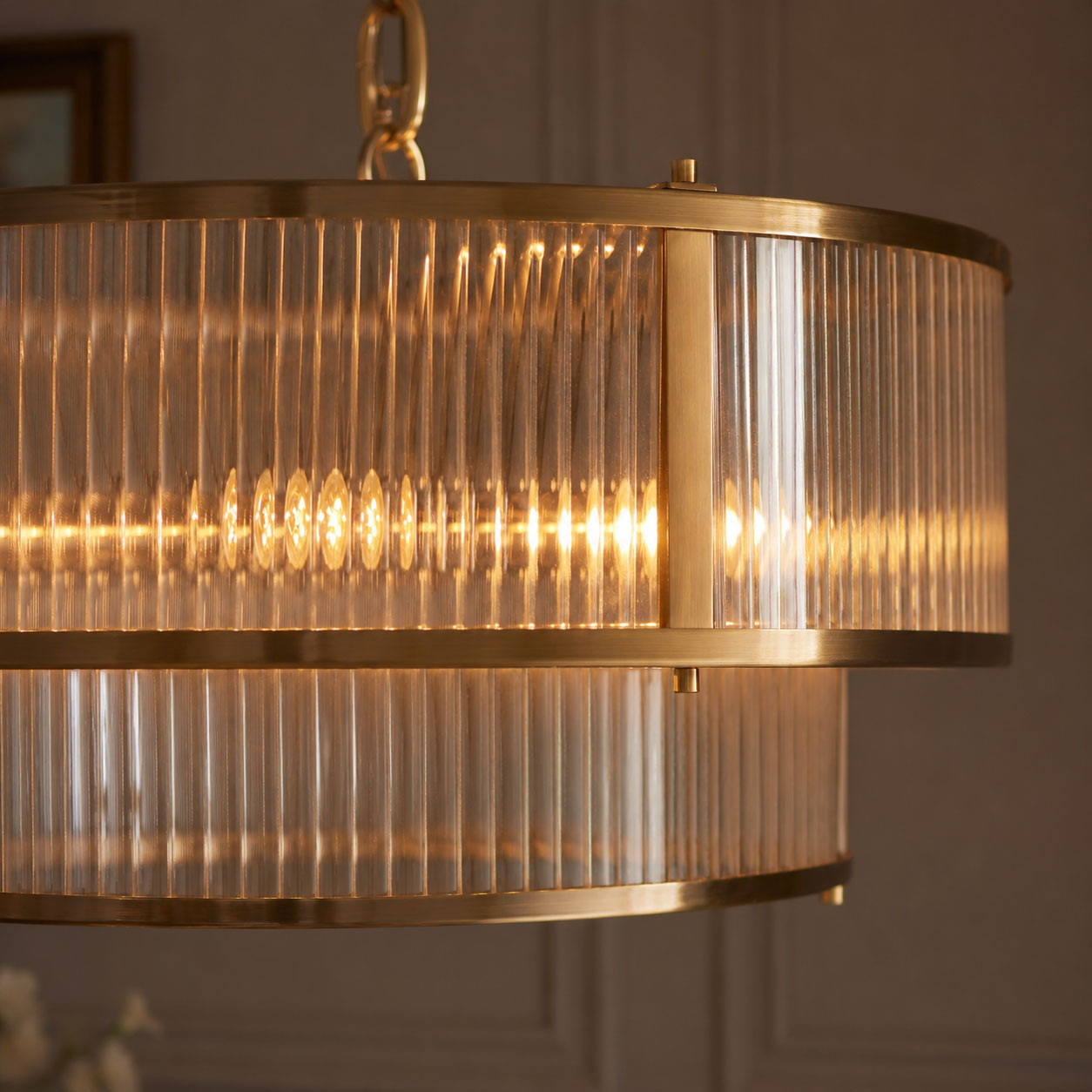 Halo 5-Light Ribbed Drum Pendant — Glass, Antique Brass