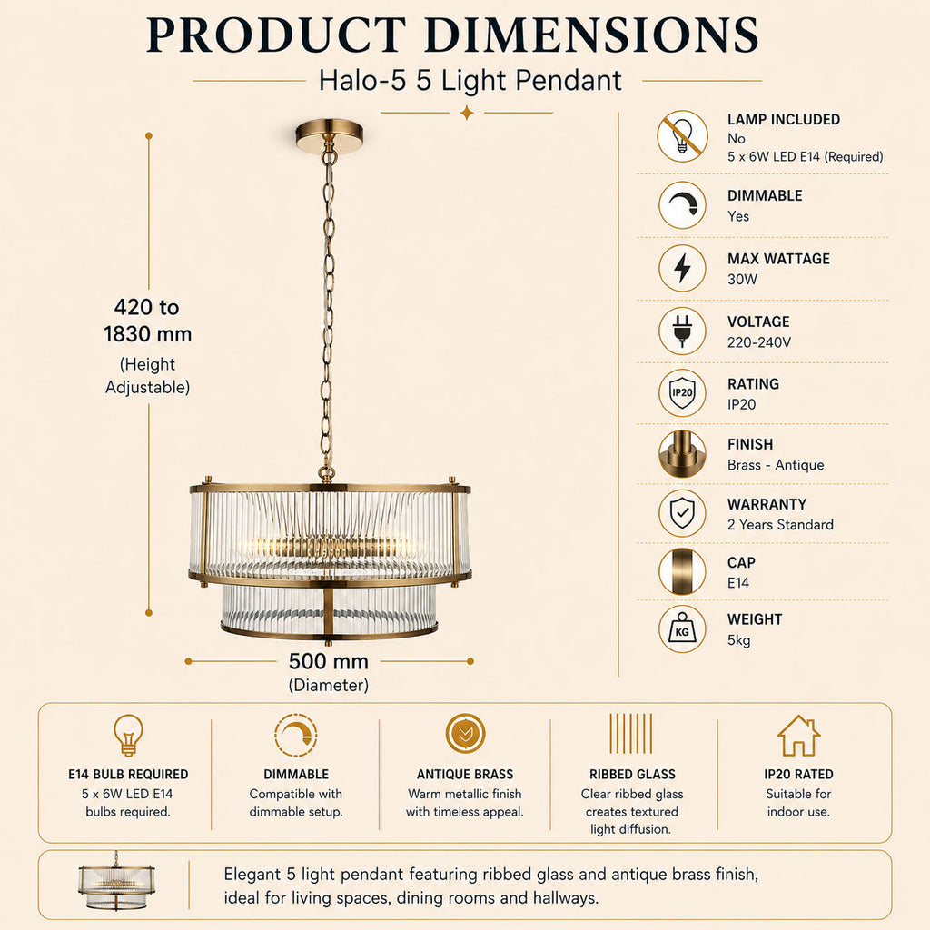 Halo 5-Light Ribbed Drum Pendant — Glass, Antique Brass