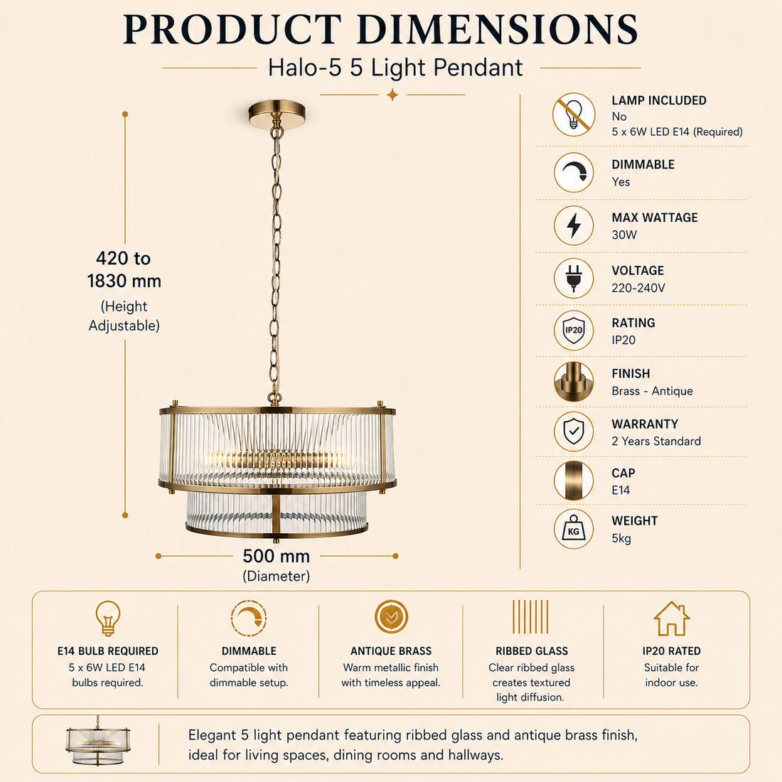 Dimensions for Halo 5-Light Ribbed Drum Pendant — Glass, Antique Brass