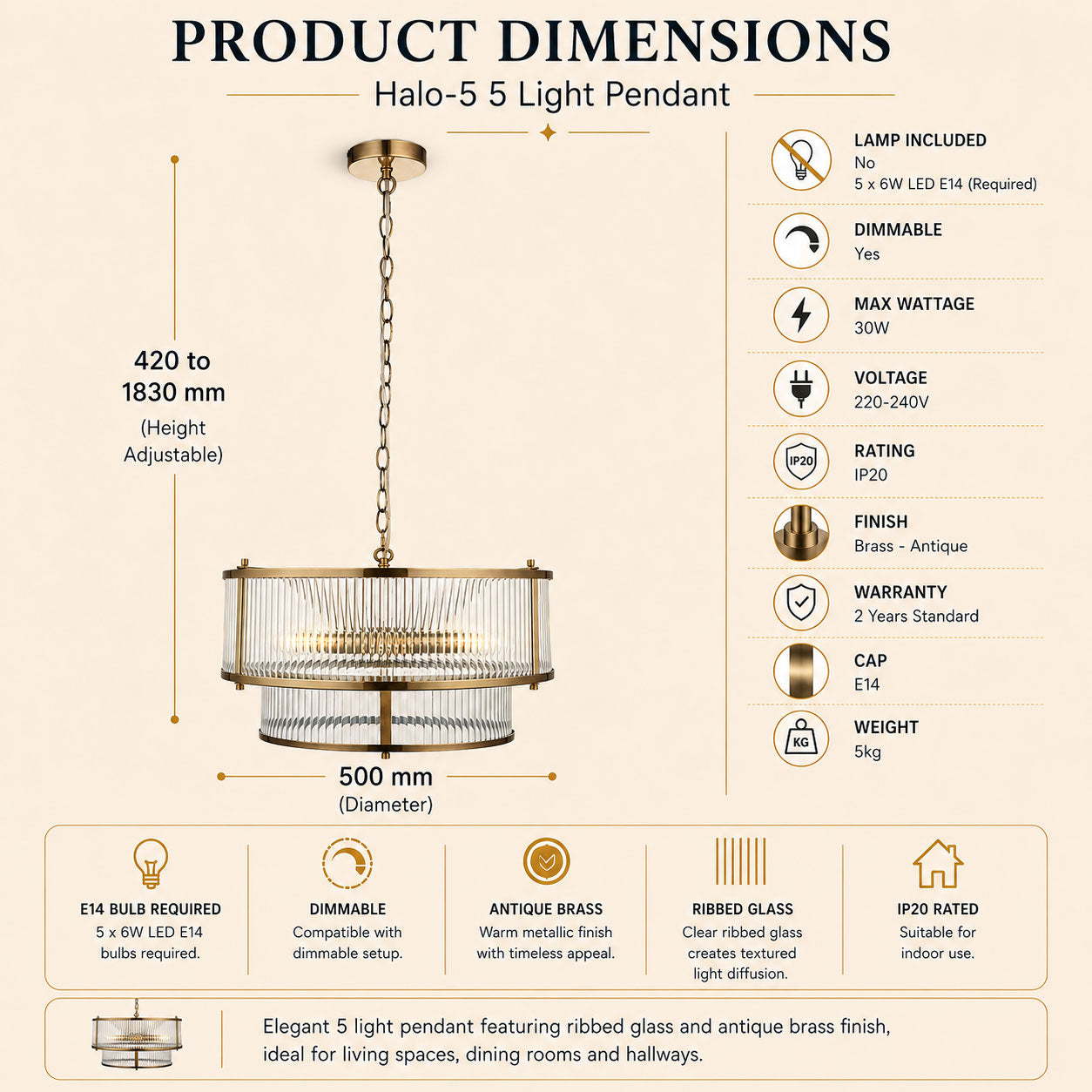 Halo 5-Light Ribbed Drum Pendant — Glass, Antique Brass