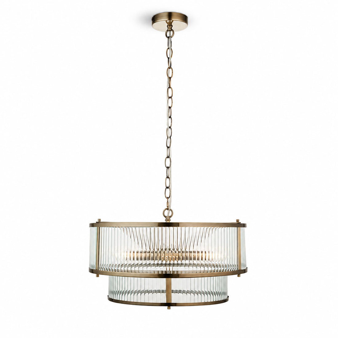 Halo 5-light two-tier ribbed glass drum pendant in antique brass on a chain