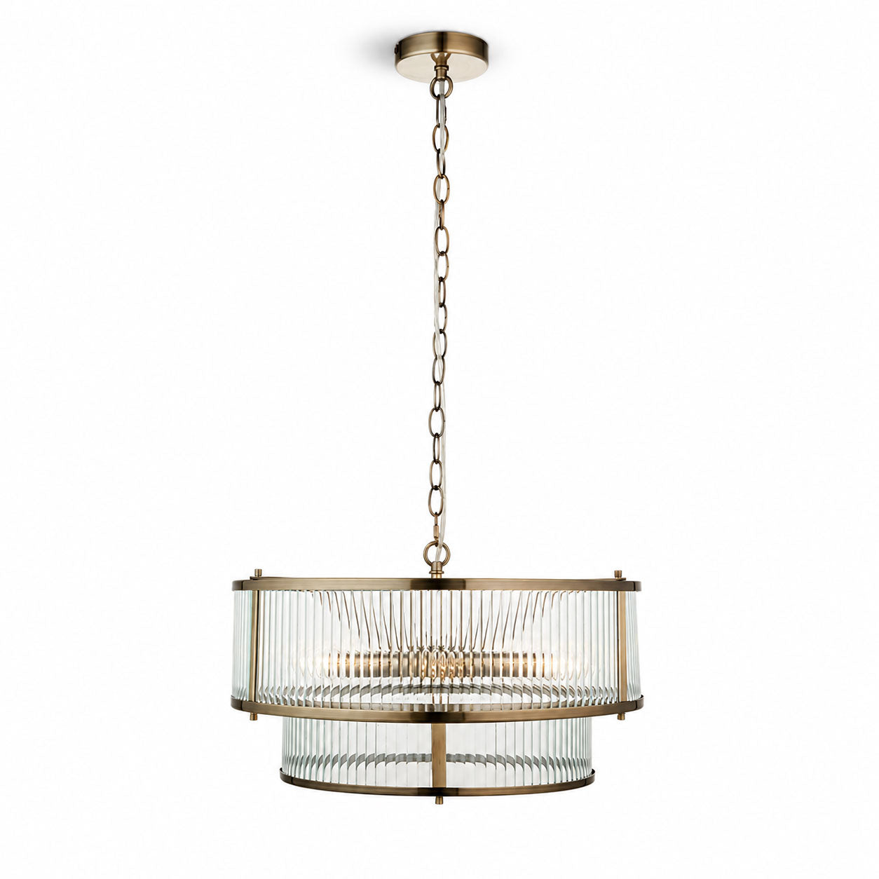 Halo 5-Light Ribbed Drum Pendant — Glass, Antique Brass