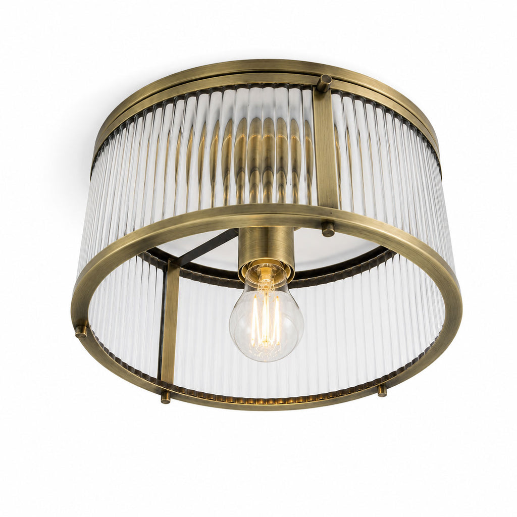 Halo Flush Ribbed Light — Glass, Antique Brass