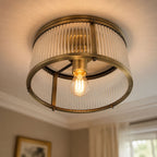 Halo Flush Ribbed Light — Glass, Antique Brass
