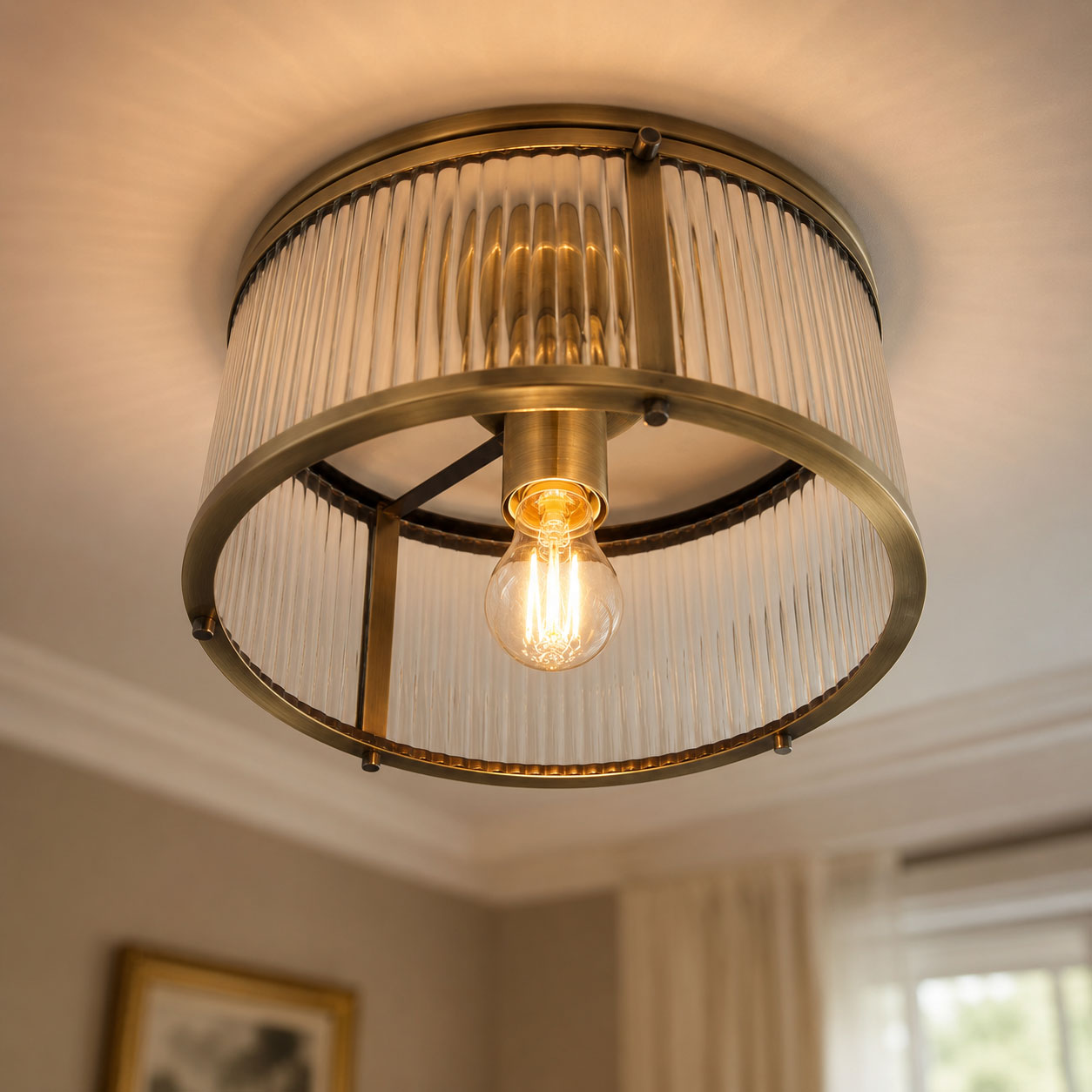 Halo Flush Ribbed Light — Glass, Antique Brass