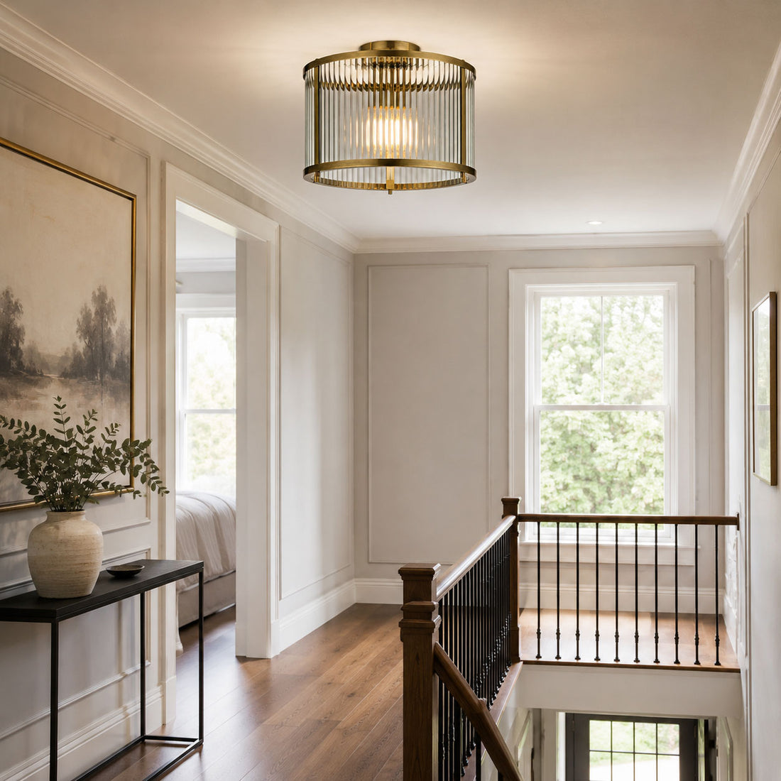 Halo Flush Ribbed Light — Glass, Antique Brass