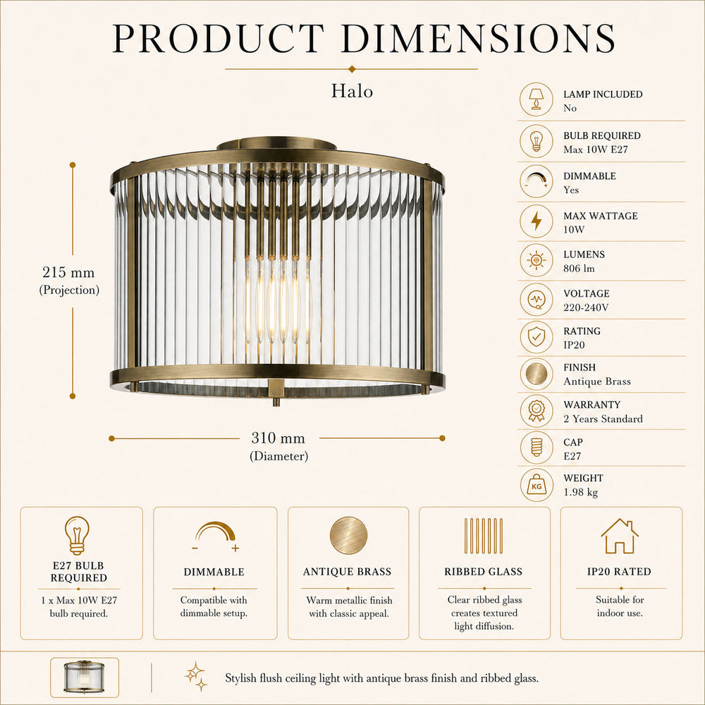 Dimensions for Halo Flush Ribbed Light — Glass, Antique Brass