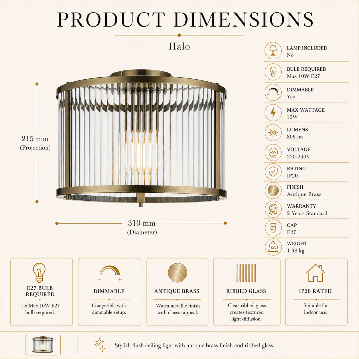 Halo Flush Ribbed Light — Glass, Antique Brass