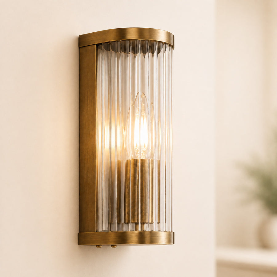 Halo Ribbed Wall Sconce — Glass, Antique Brass