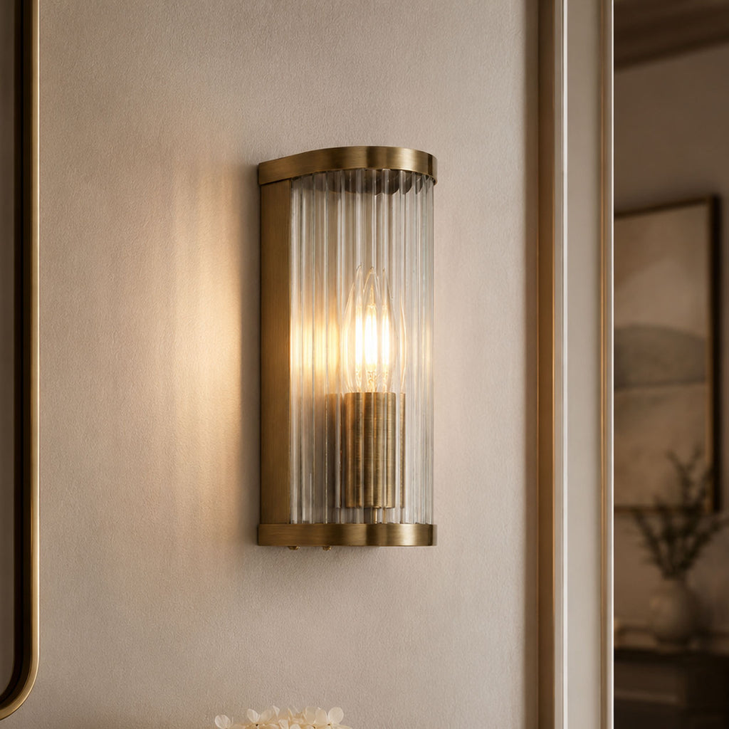 Halo Ribbed Wall Sconce — Glass, Antique Brass