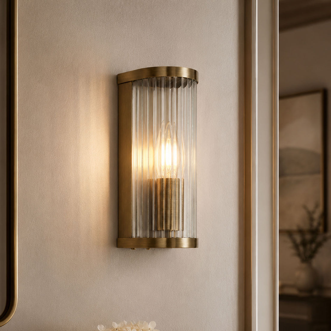 How Halo Ribbed Wall Sconce — Glass, Antique Brass lights a room