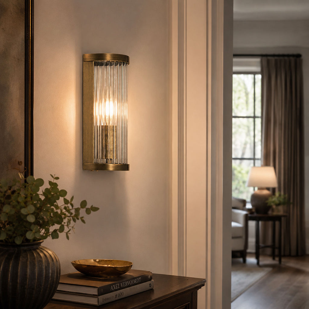 Halo Ribbed Wall Sconce — Glass, Antique Brass
