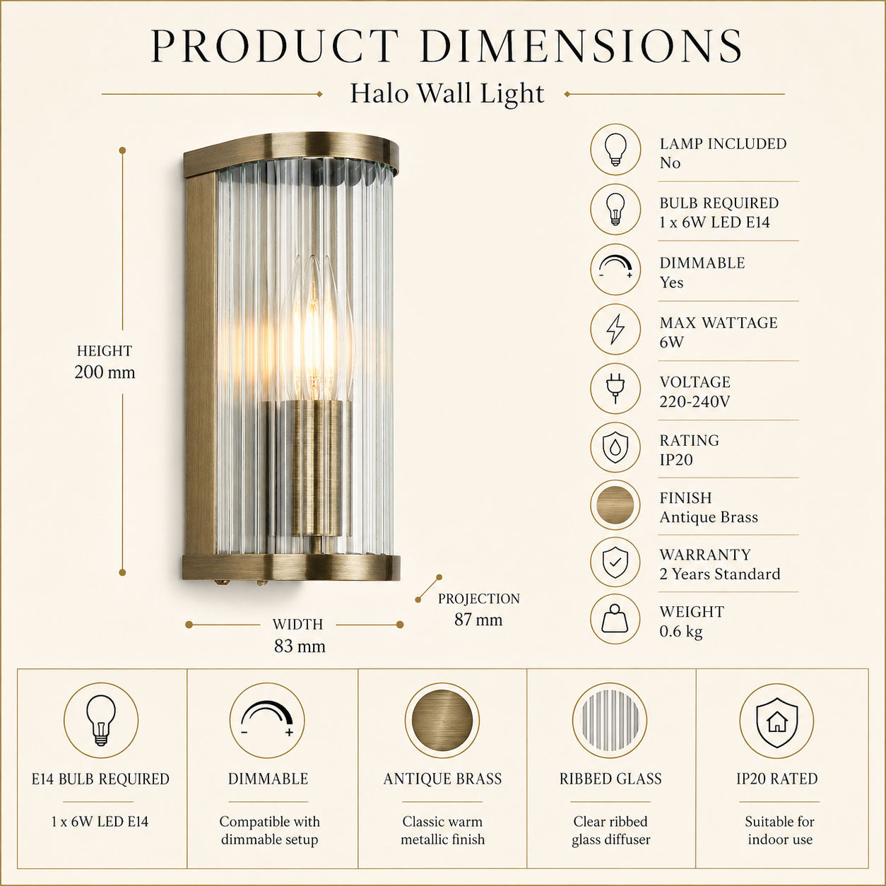 Halo Ribbed Wall Sconce — Glass, Antique Brass