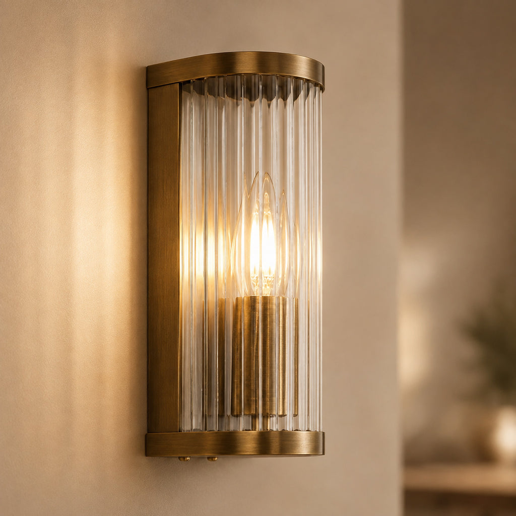 Halo Ribbed Wall Sconce — Glass, Antique Brass