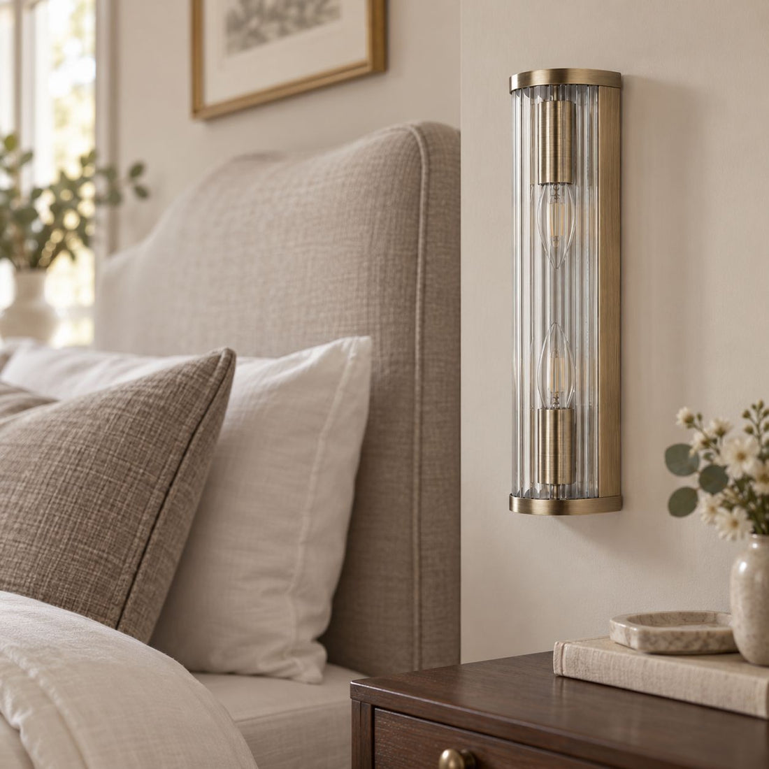 Halo 2-Light Ribbed Wall Sconce — Glass, Antique Brass