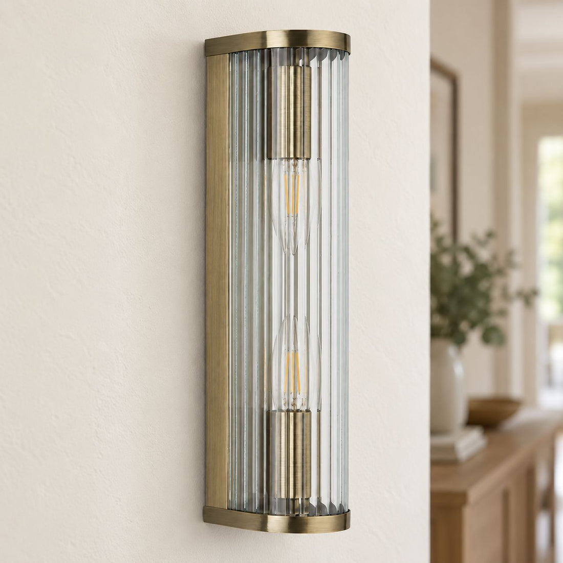 Halo 2-Light Ribbed Wall Sconce — Glass, Antique Brass