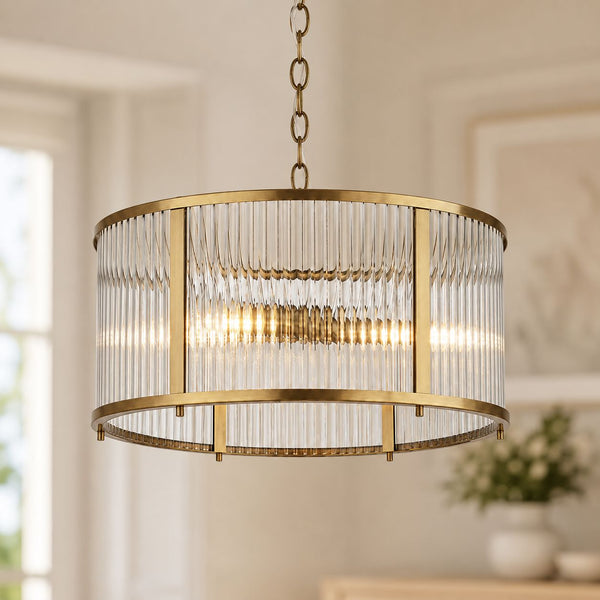 Halo 3-Light Ribbed Drum Pendant — Glass, Antique Brass