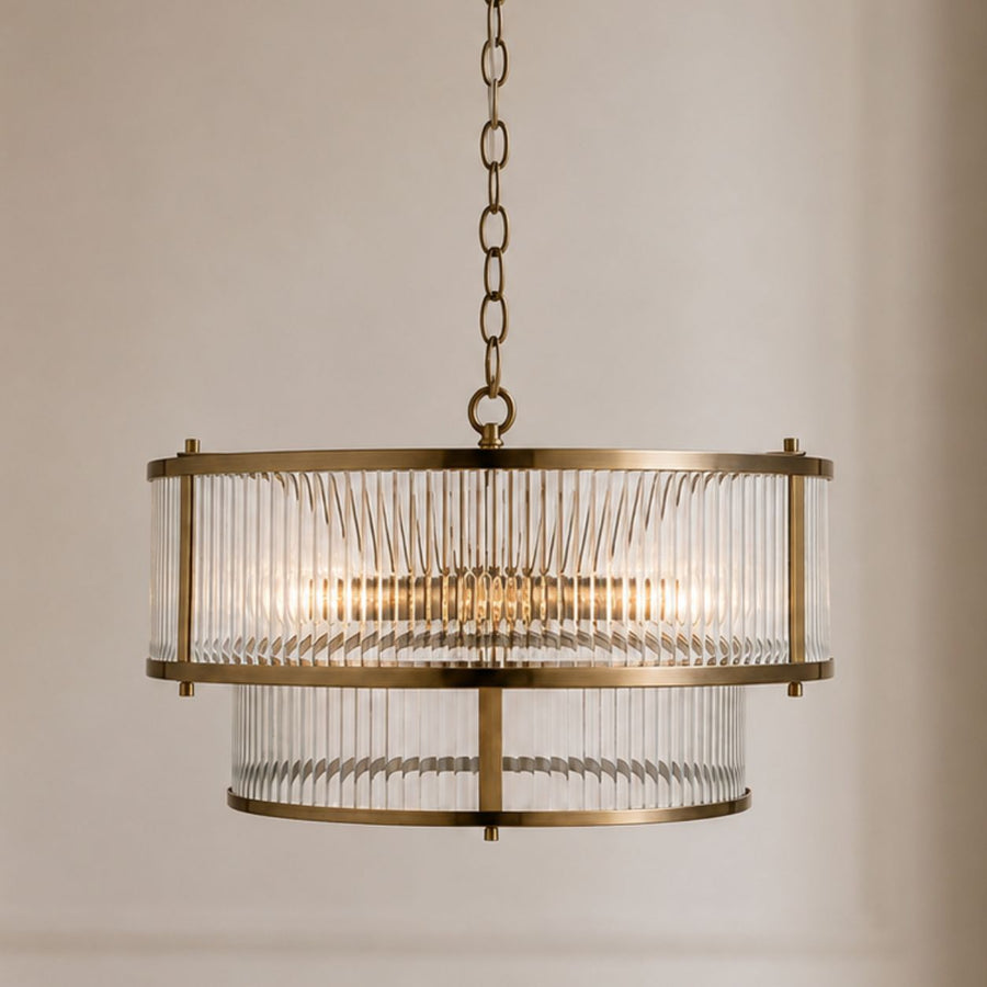 Halo 5-Light Ribbed Drum Pendant — Glass, Antique Brass