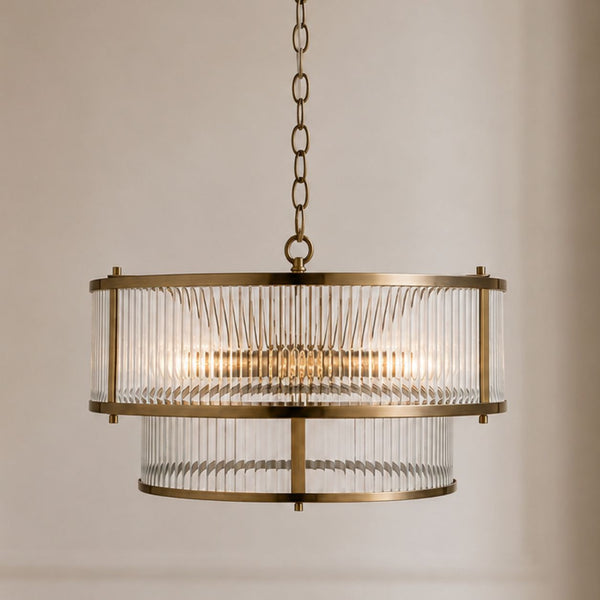 Halo 5-Light Ribbed Drum Pendant — Glass, Antique Brass