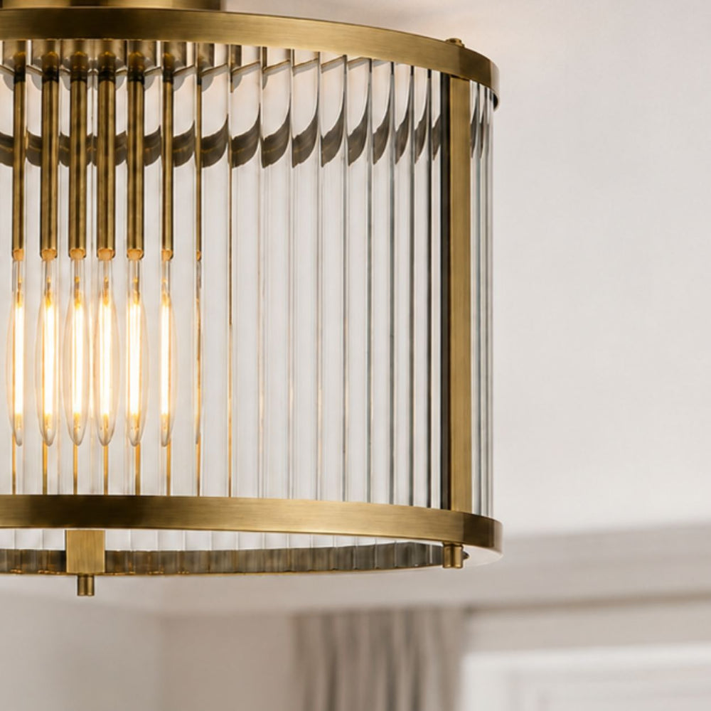 Antique Brass detail on Halo Flush Ribbed Light — Glass, Antique Brass