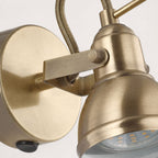 Harlow antique brass wall spot light, close-up of the swan-neck arm and spotlight head