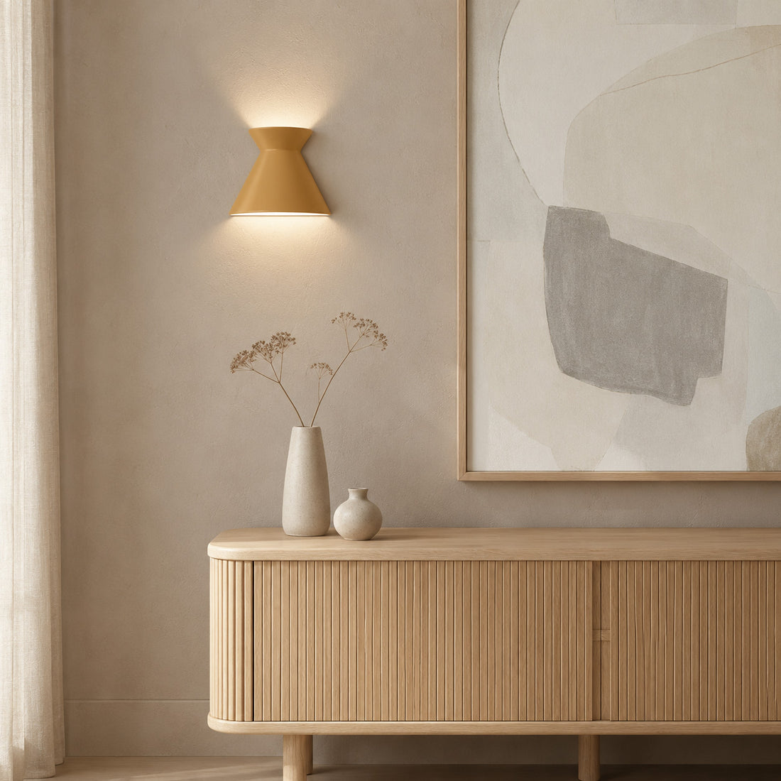 Kiro small babouche yellow wall light beside pale abstract art