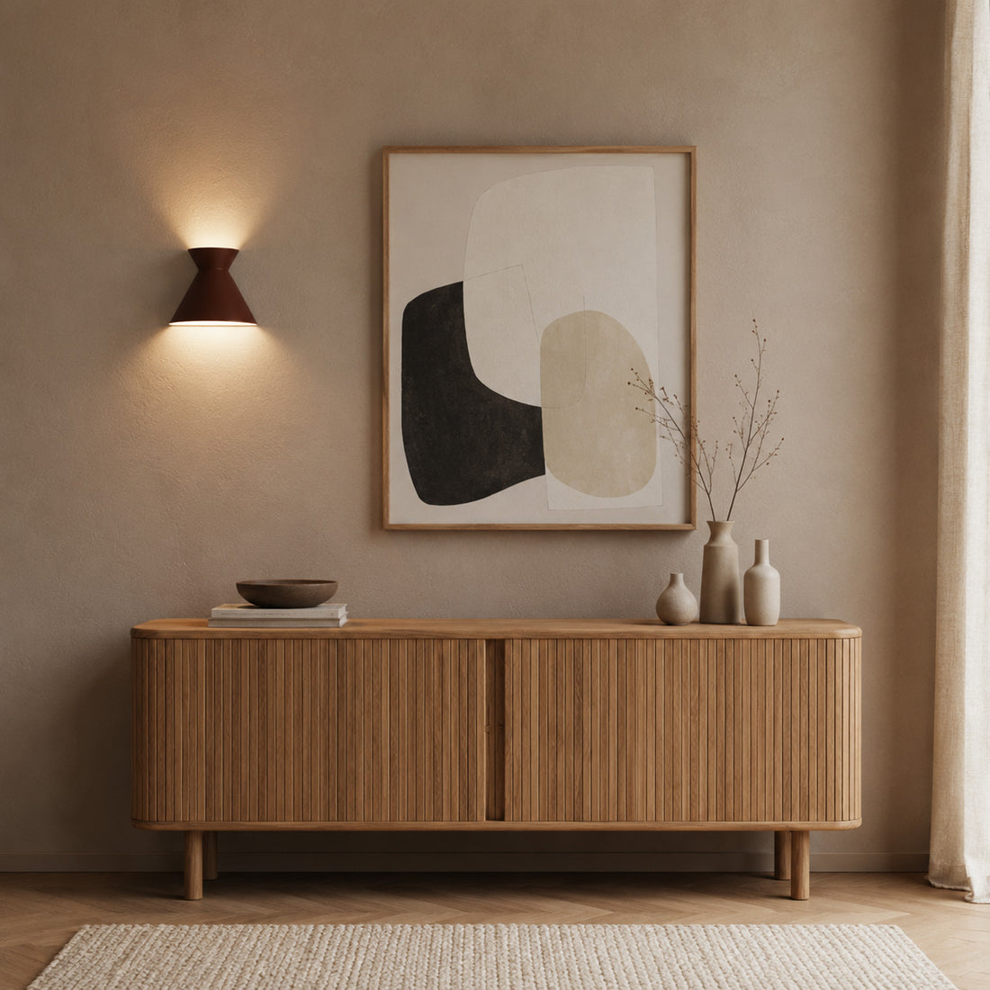 Kiro small cocoa brown wall light above a long ribbed oak cabinet