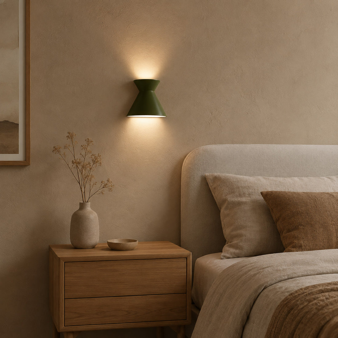 Kiro small moss green wall light glowing above an oak bedside table