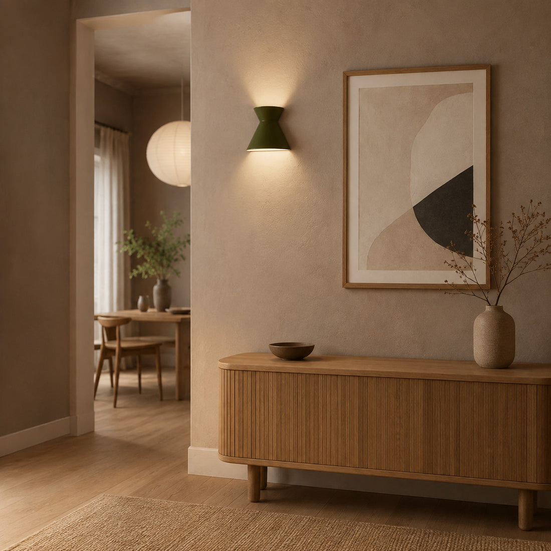 Small Kiro moss green sconce lit in a dining nook with paper pendant beyond