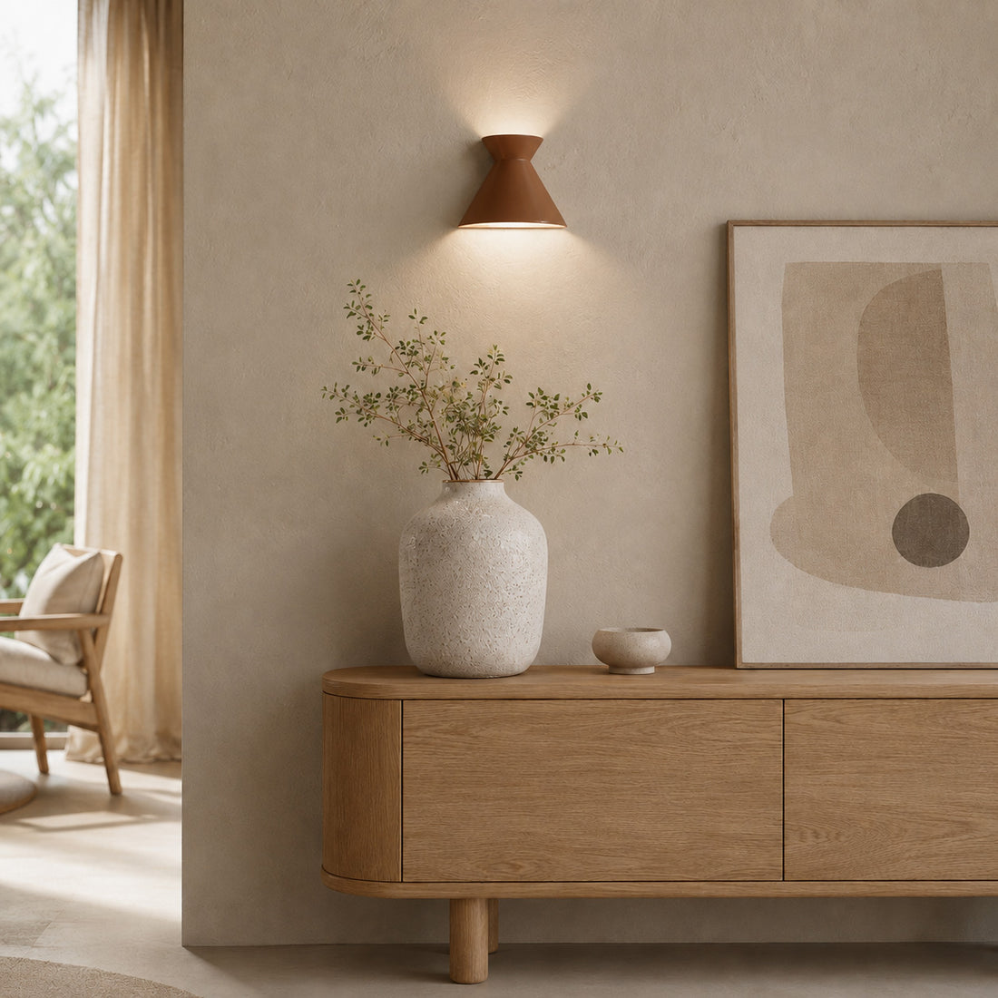 Kiro small russet brown wall light glowing above a low oak media unit