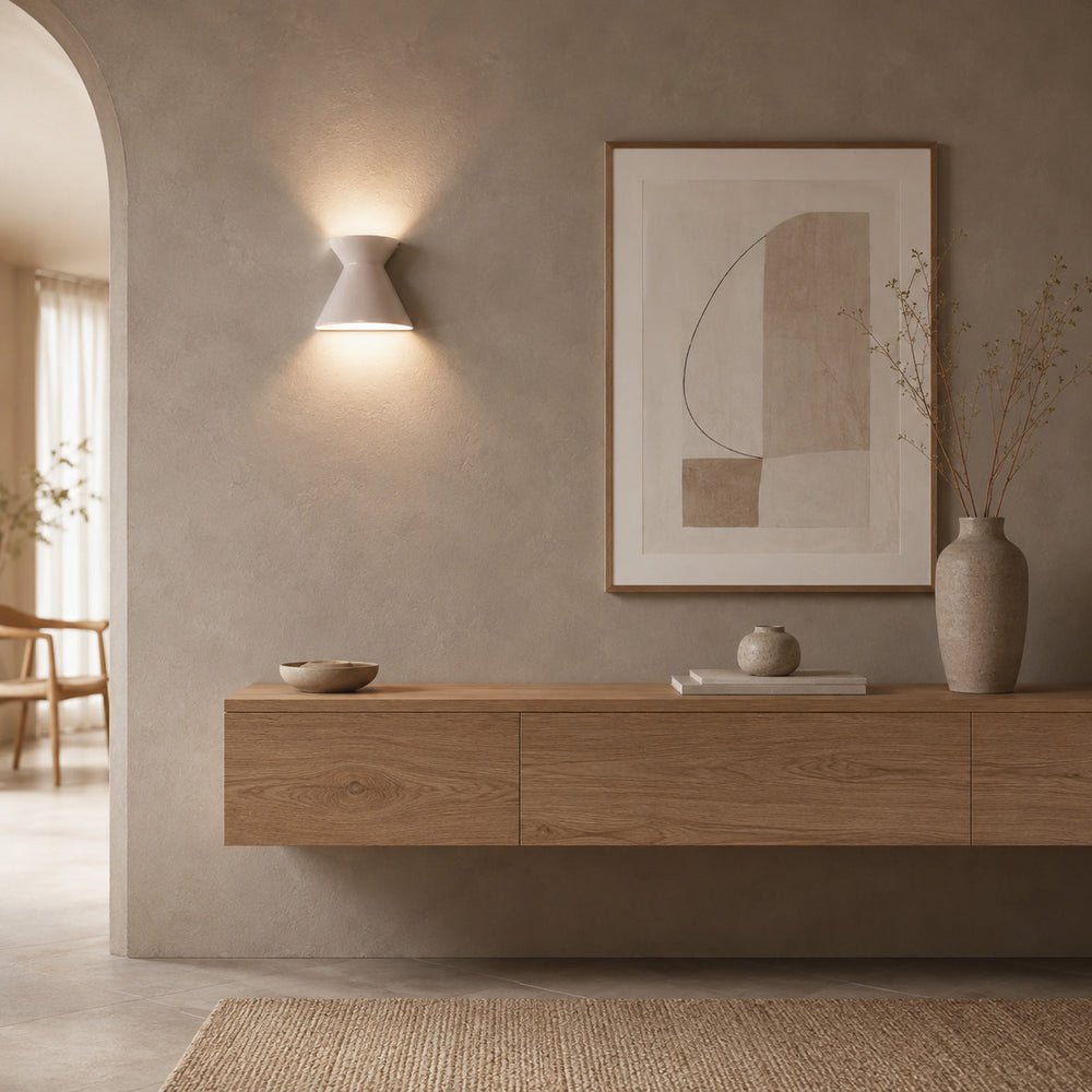 Kiro Ceramic Wall Light — Shell White, Large after dark