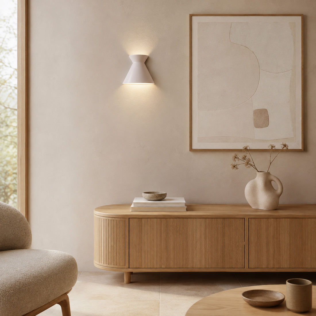 Kiro small shell white wall light lit by a window over a low oak unit