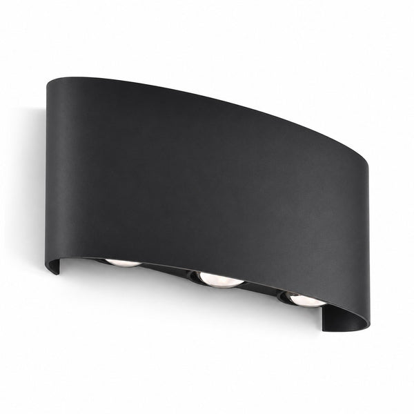 Kyra anthracite up and down outdoor LED wall light with curved body, angled view on white