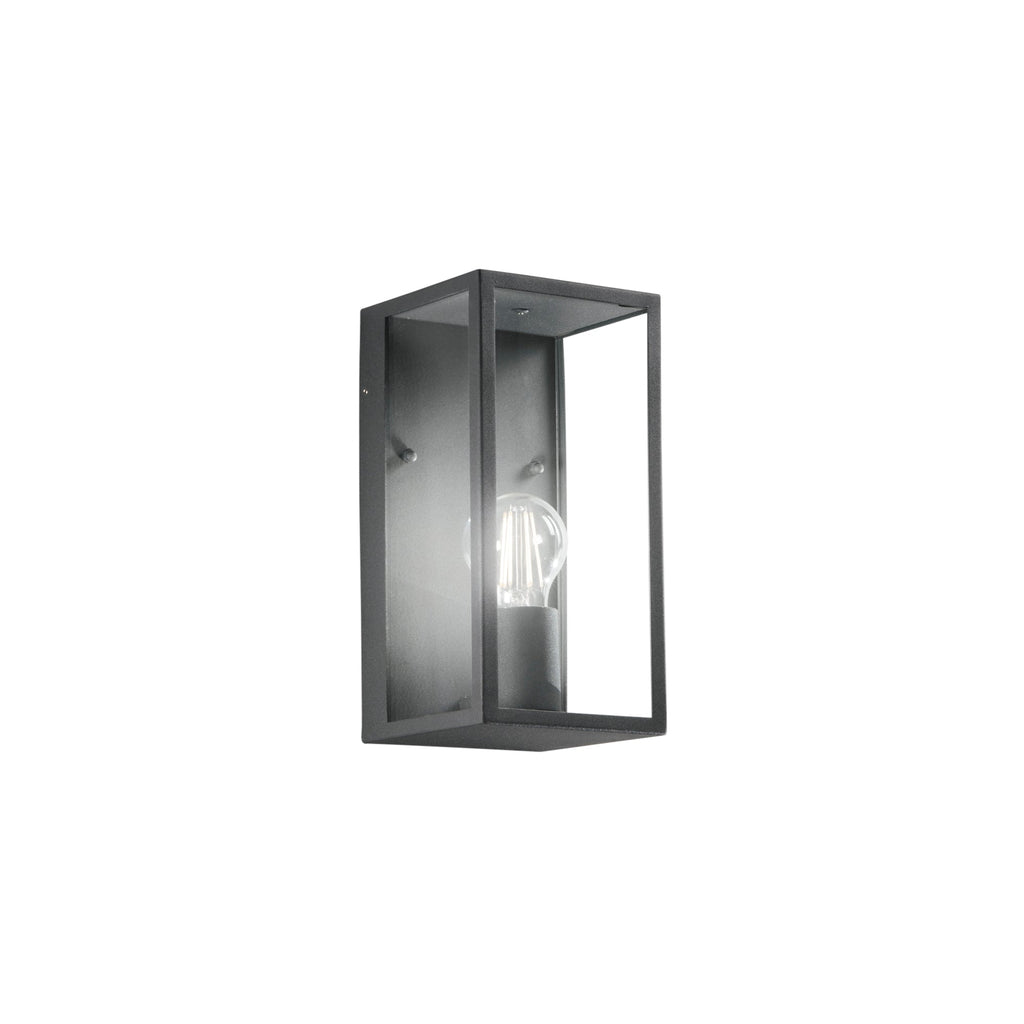 Close-up of anthracite metal frame and transparent glass diffuser on Mirage lantern