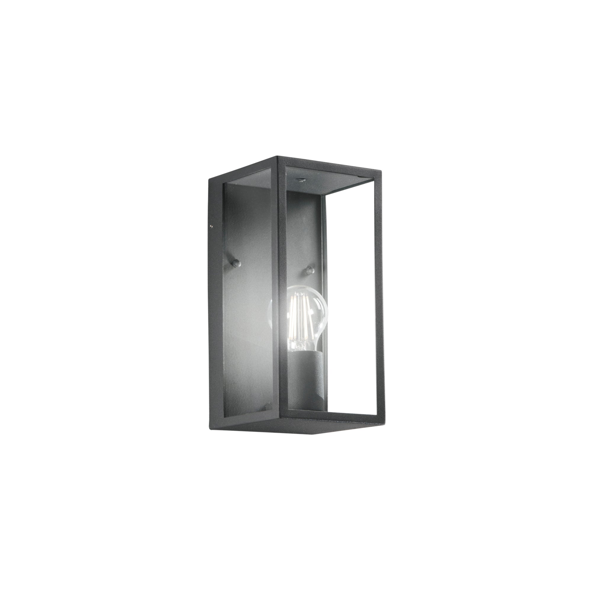 Close-up of anthracite metal frame and transparent glass diffuser on Mirage lantern