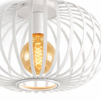 Lacena white iron cage ceiling light, close-up of the lit spiral filament bulb