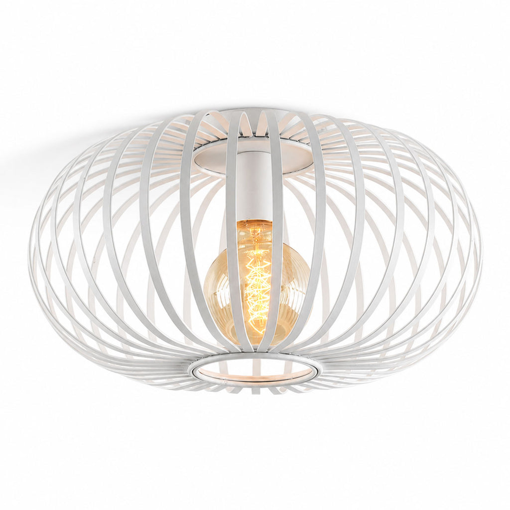 Lacena white sculptural iron cage flush ceiling light with filament bulb, angled view