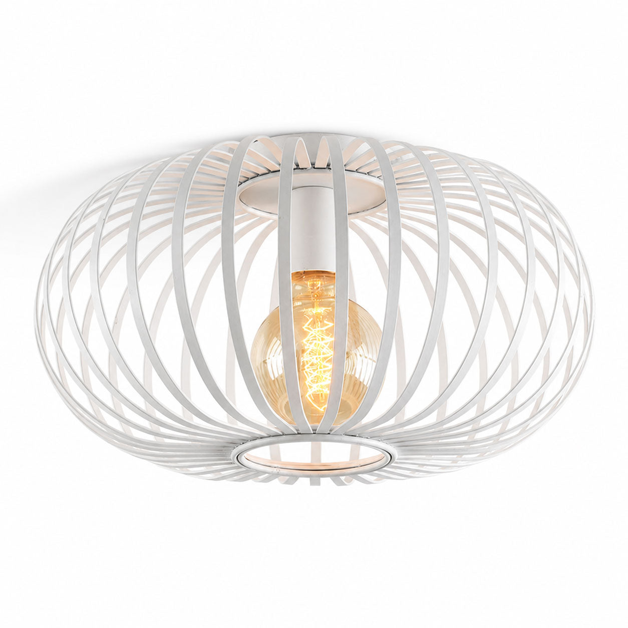 Lacena white sculptural iron cage flush ceiling light with filament bulb, angled view