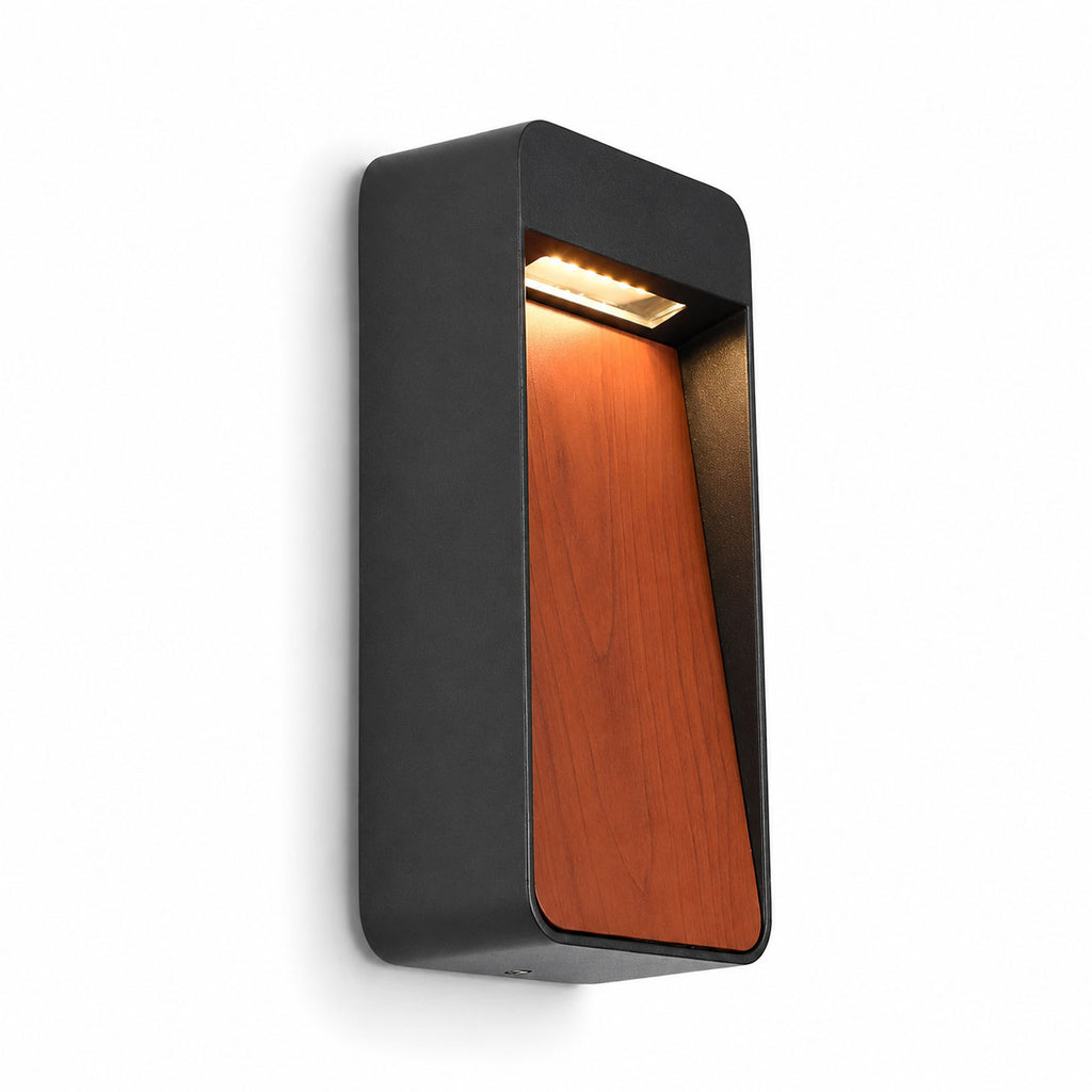 Laska wood and anthracite LED outdoor wall light, front view on white