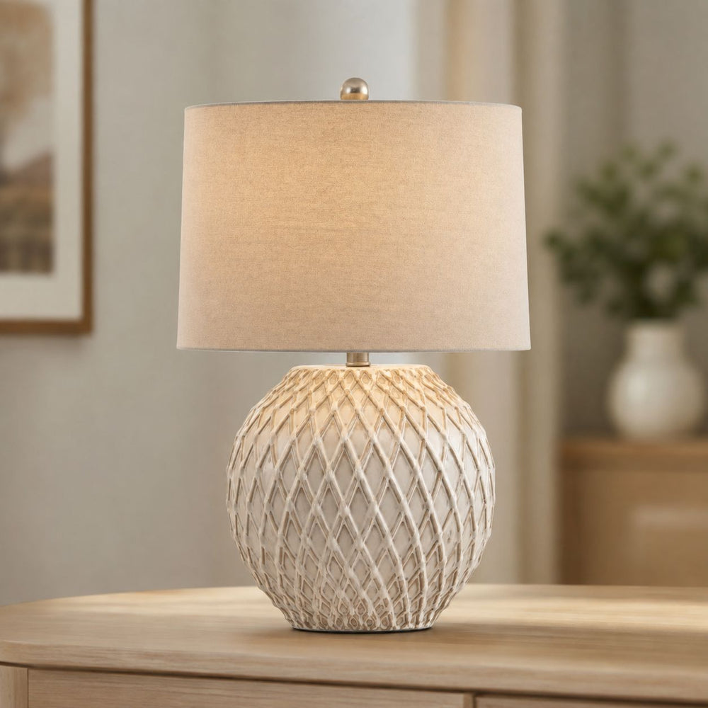 Lattice Ceramic Table Lamp — Cream, Linen Shade after dark