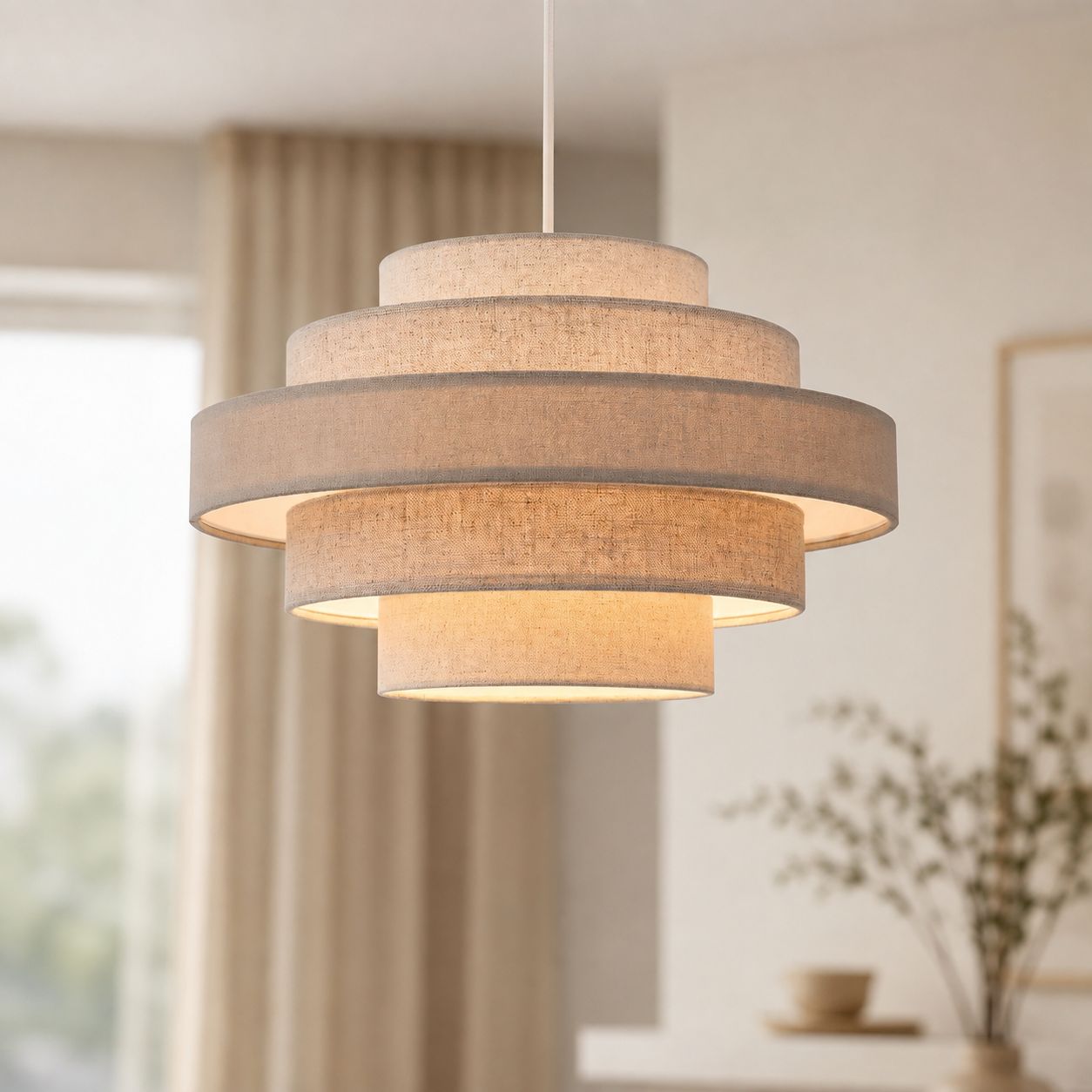 Linna five-tier linen pendant shade hanging in a white living room